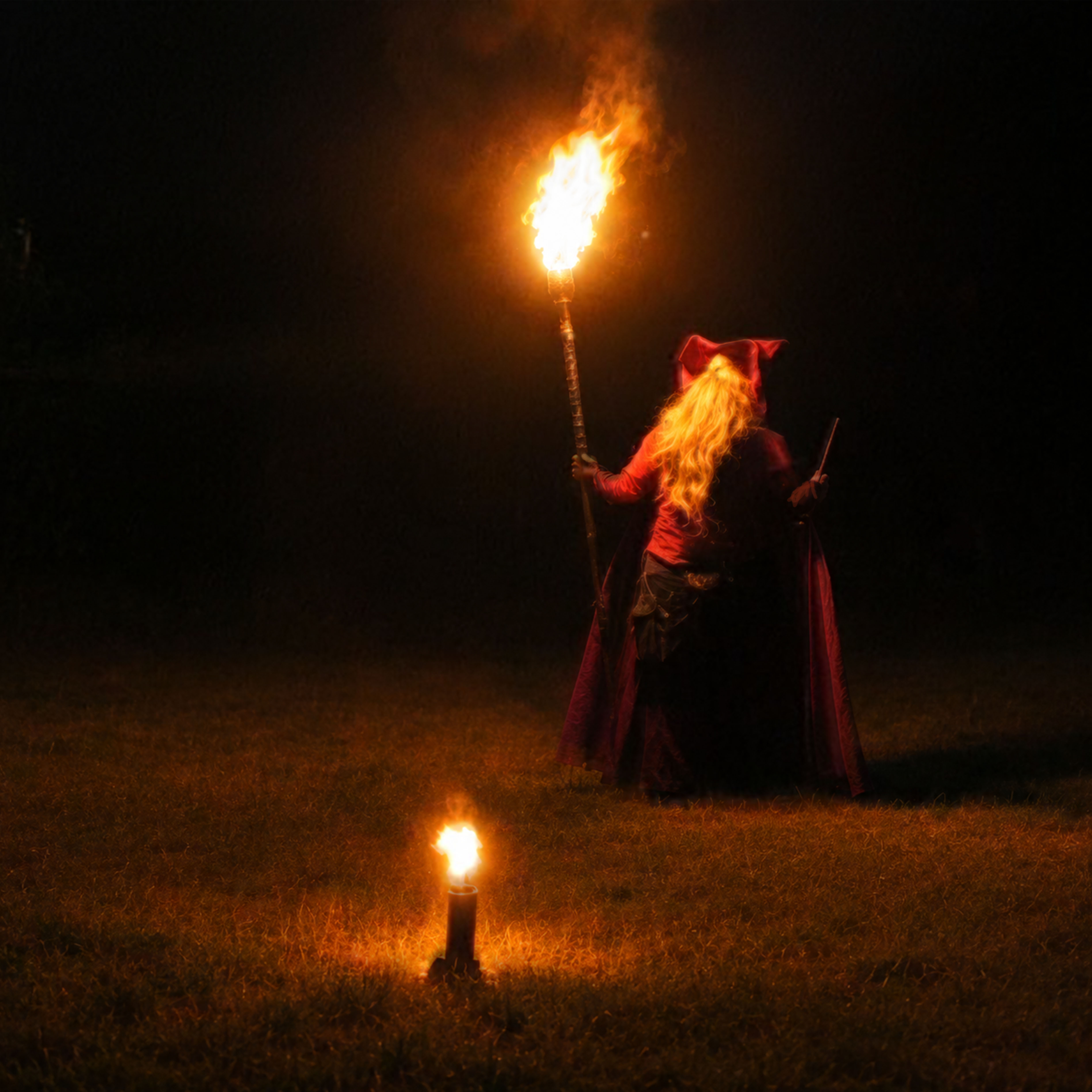 Flamborius, mage en costume, tenant un bâton enflammé de nuit